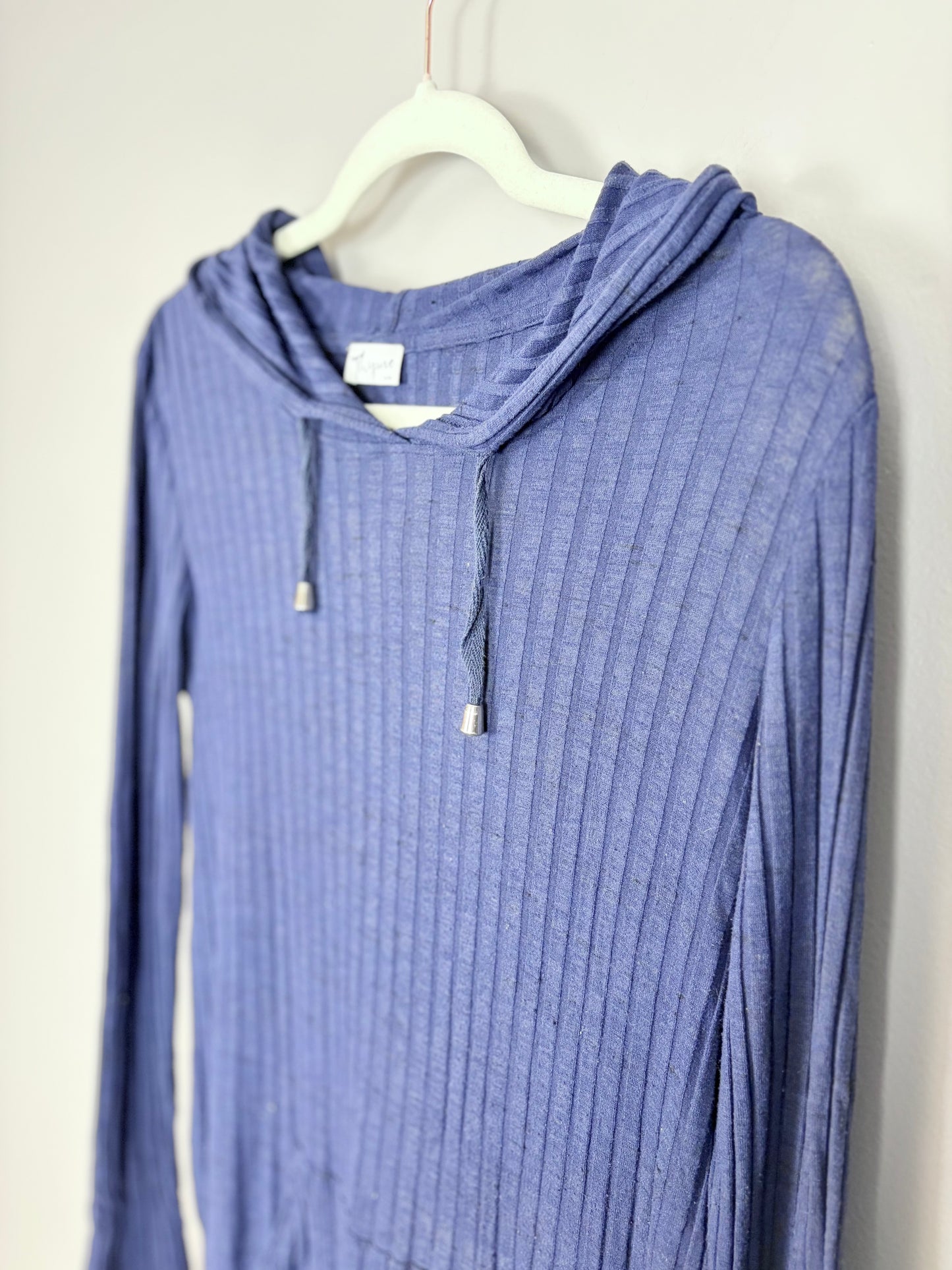 M - Thyme Blue Ribbed Knit Hooded Sweater