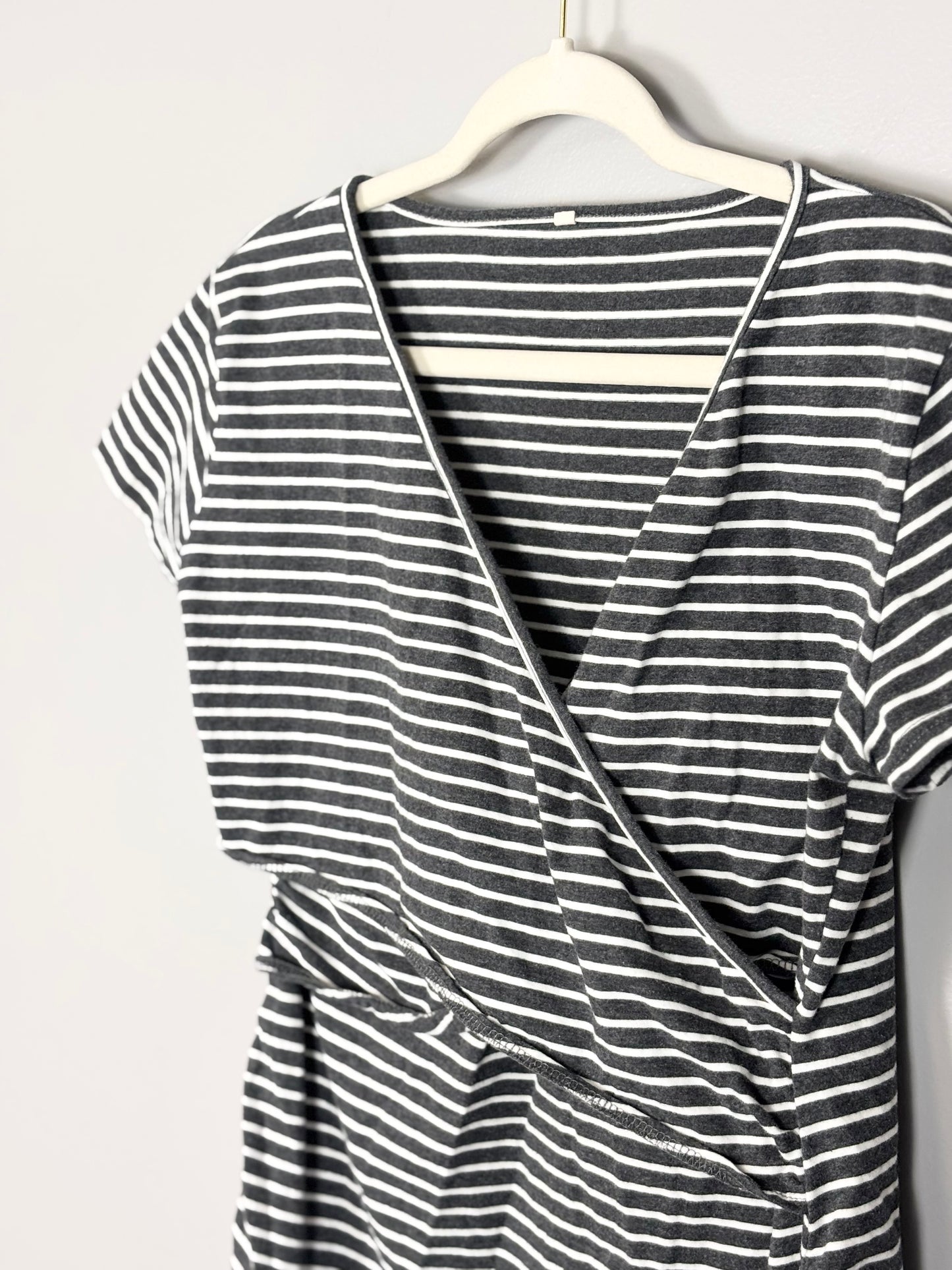 XL - Grey & White Striped Crossover Top