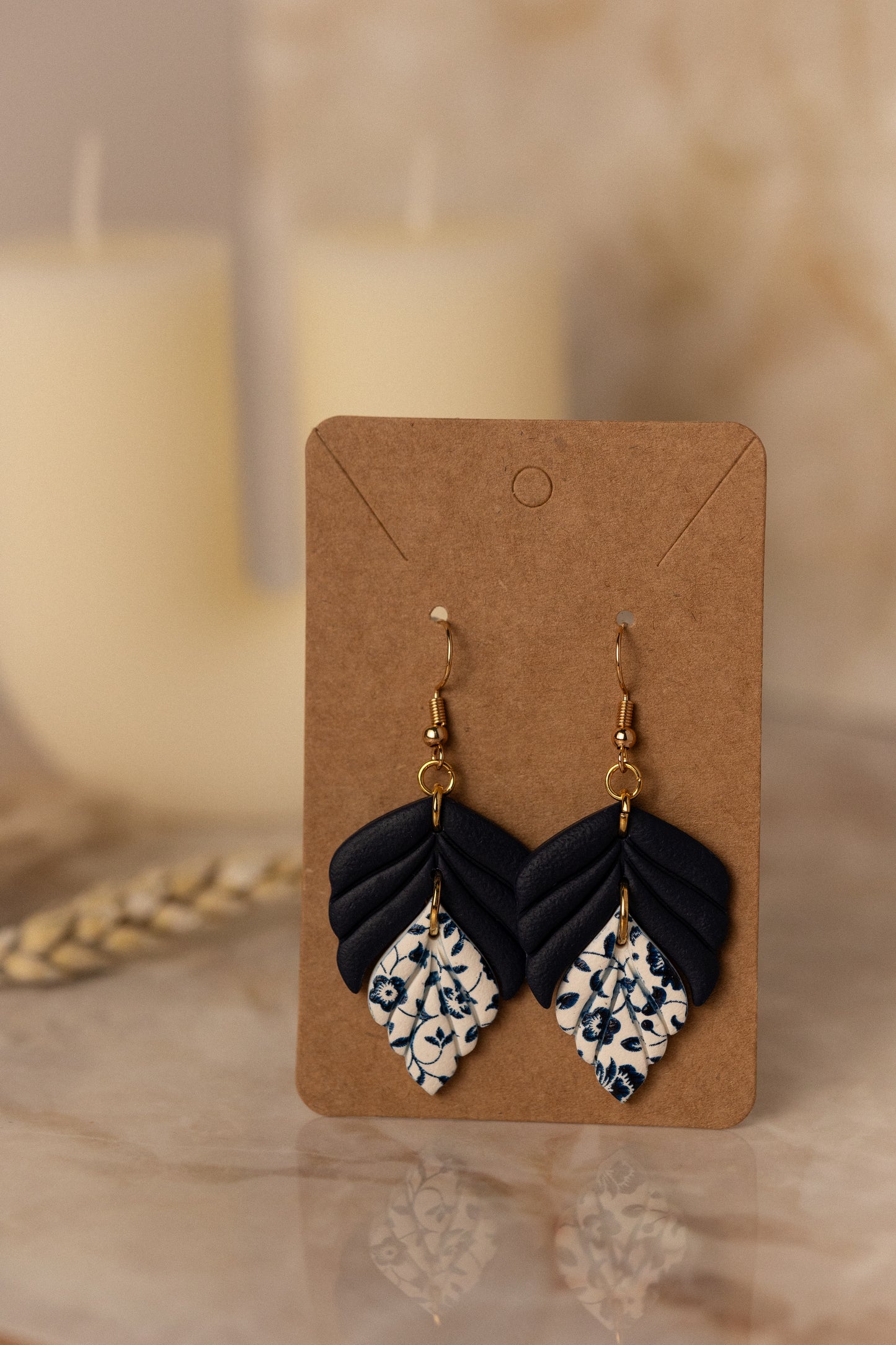 Prairie Rose Clay - Black & Navy Floral Leaf Earrings