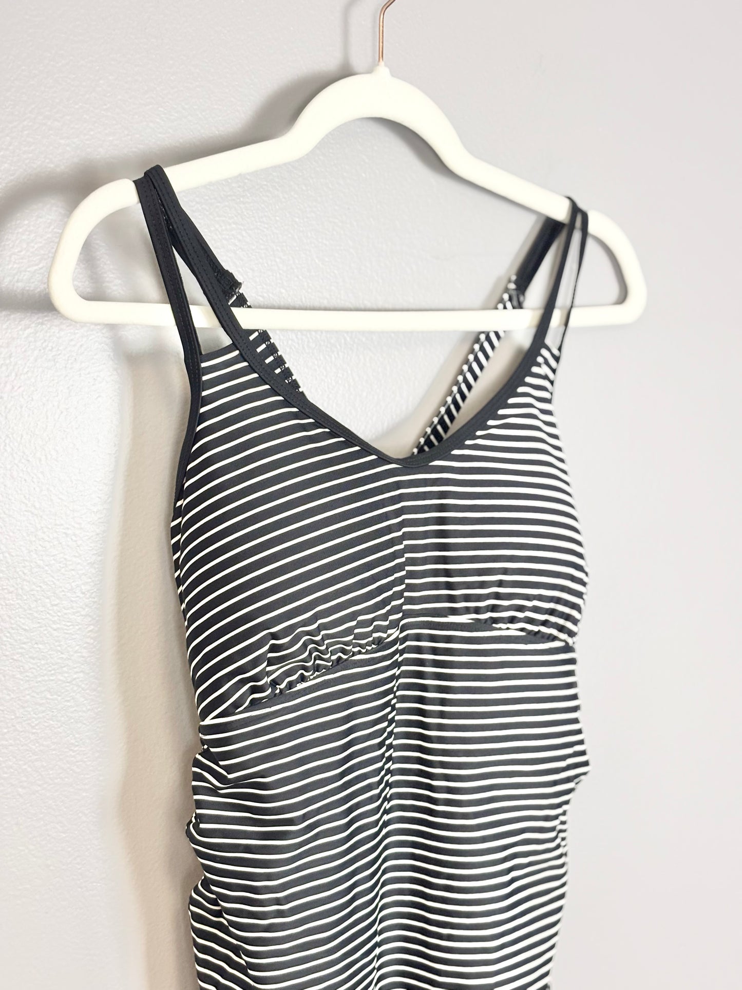 M - Thyme Black & White Striped Cross-Back Swim Top