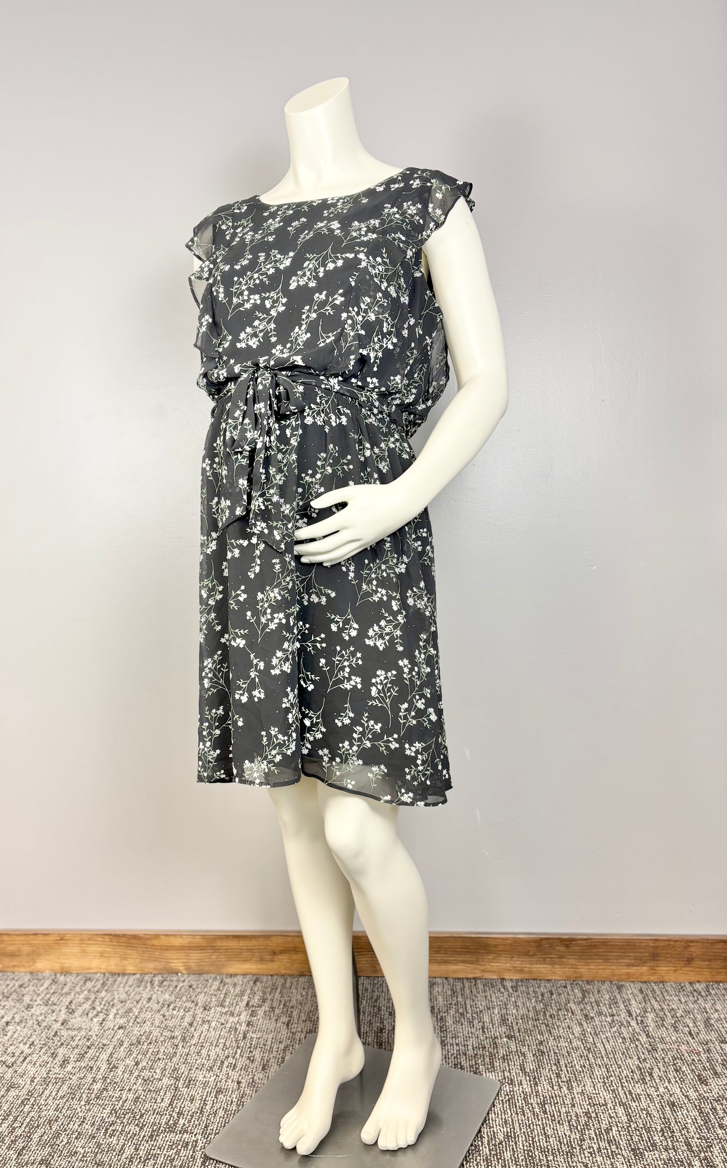 L - Thyme Black Florals Flutter Sleeve Dress