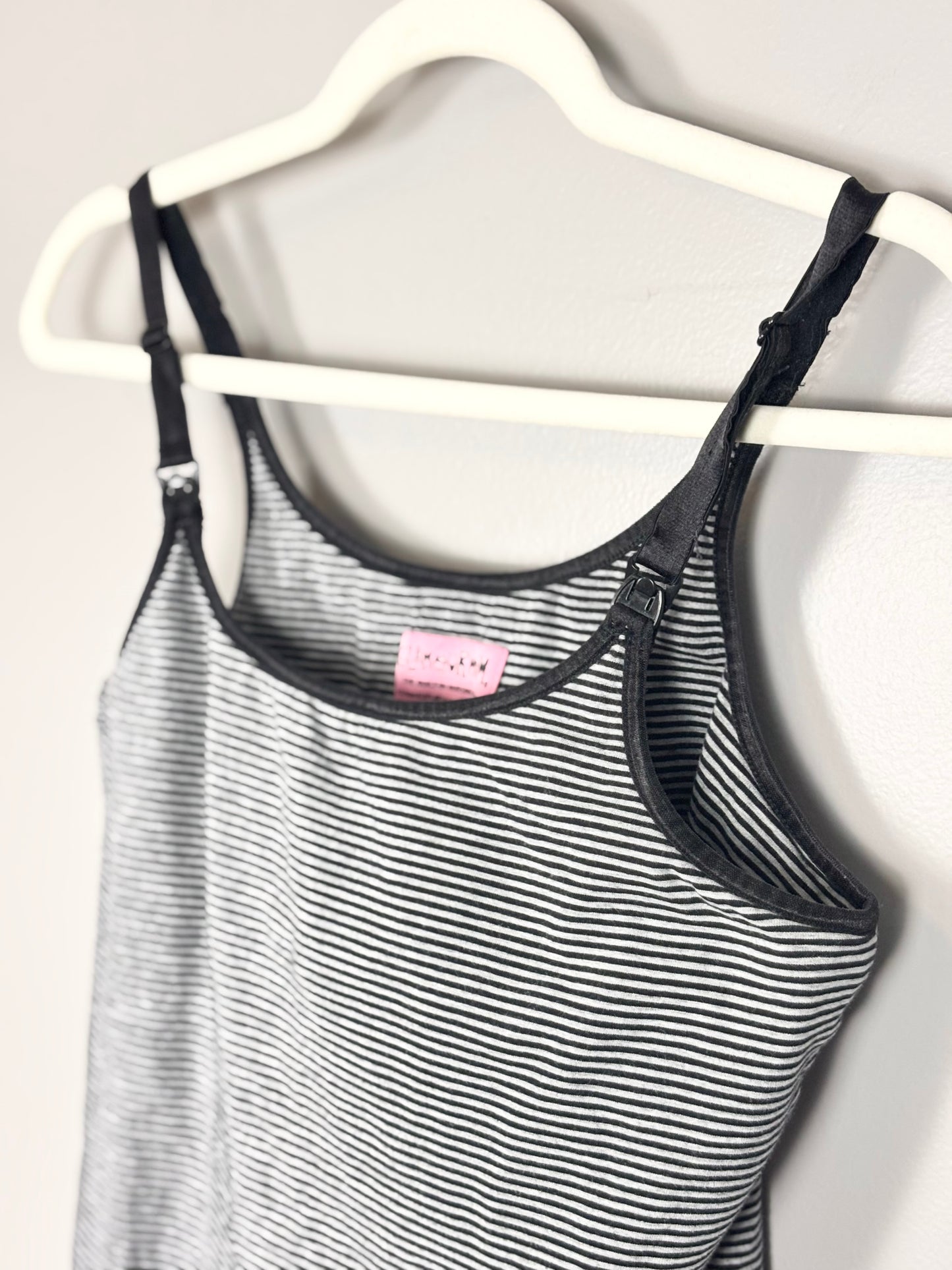 M - GlamourMom Black & Grey Stripe Nursing Tank