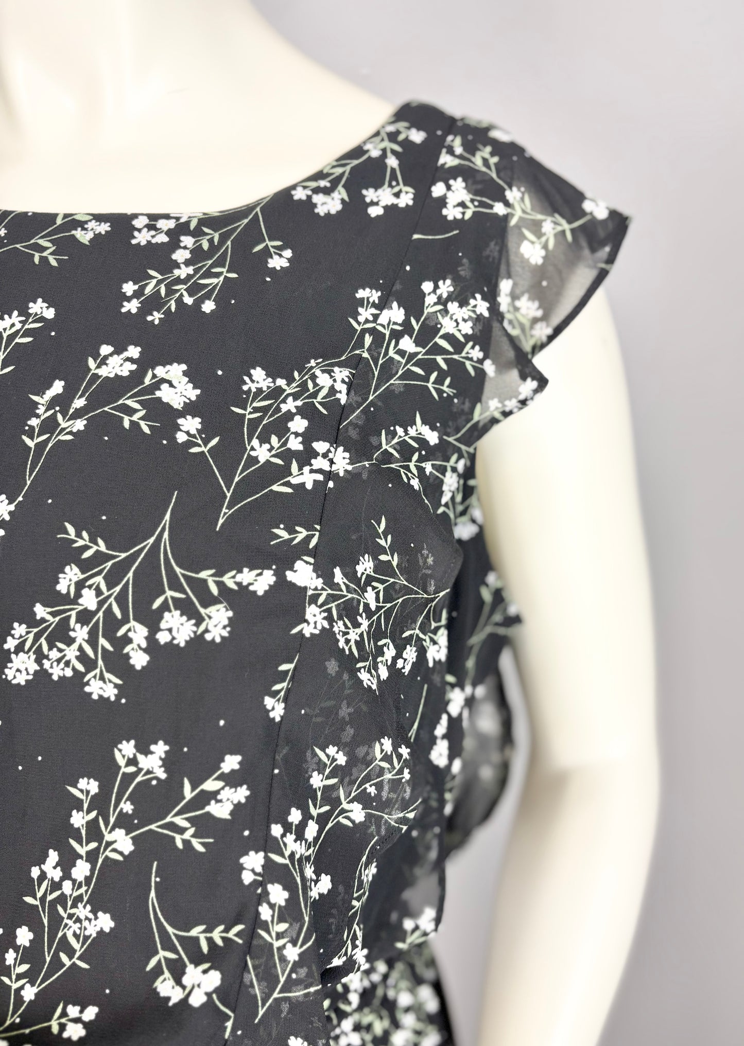 L - Thyme Black Florals Flutter Sleeve Dress