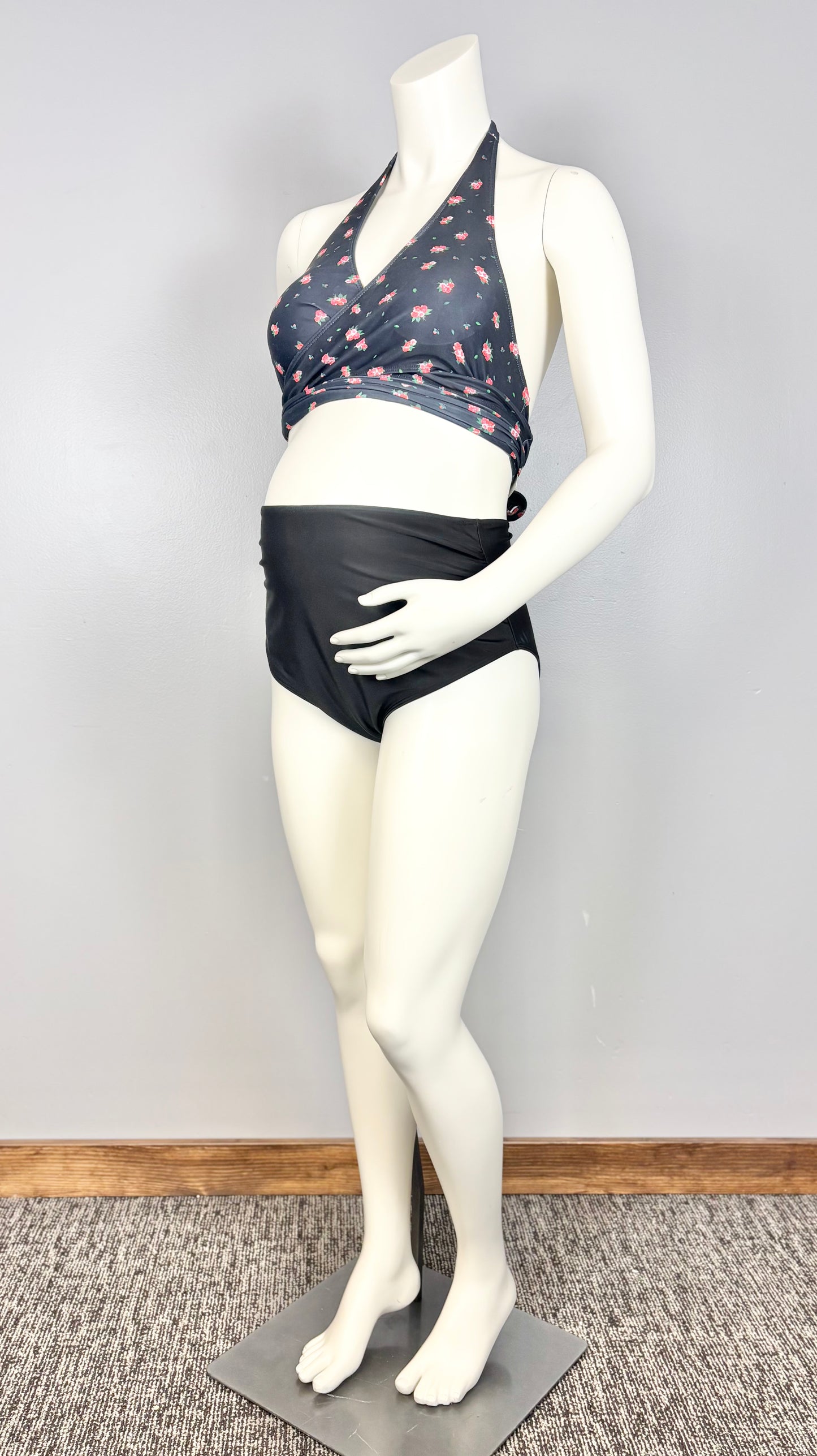 L - Black Rose Halter Top & High-Waist Bikini Set