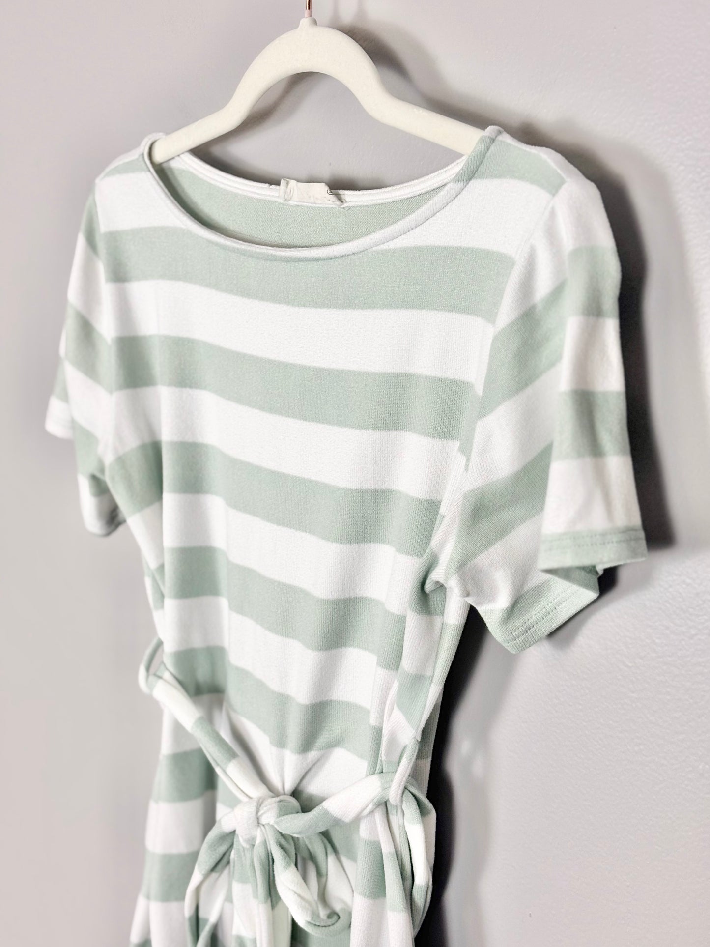 M - Hello Miz Green & White Striped Belted Top