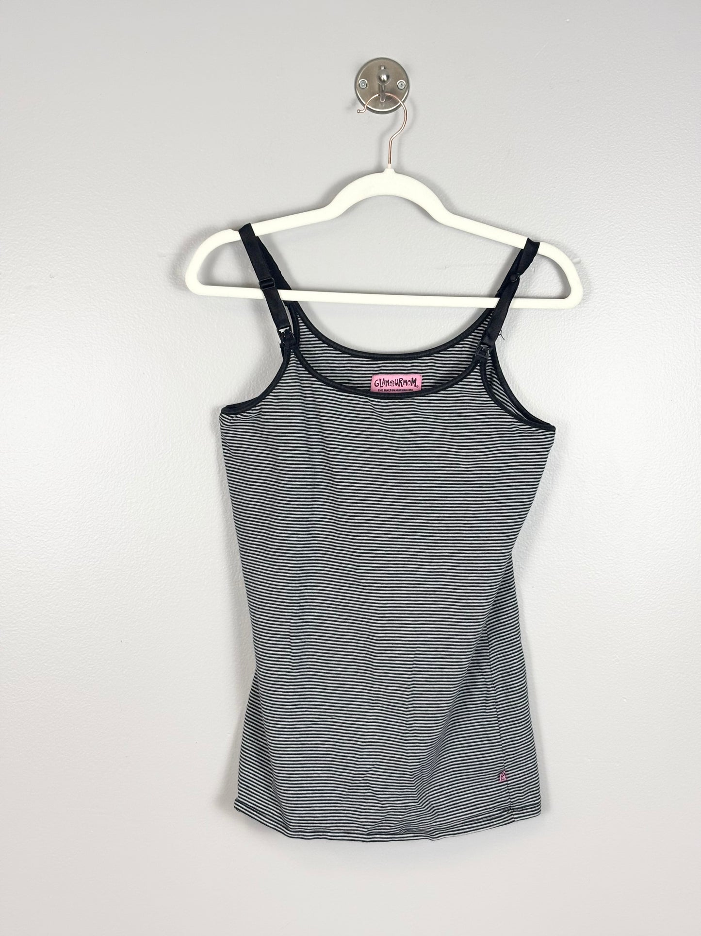 M - GlamourMom Black & Grey Stripe Nursing Tank