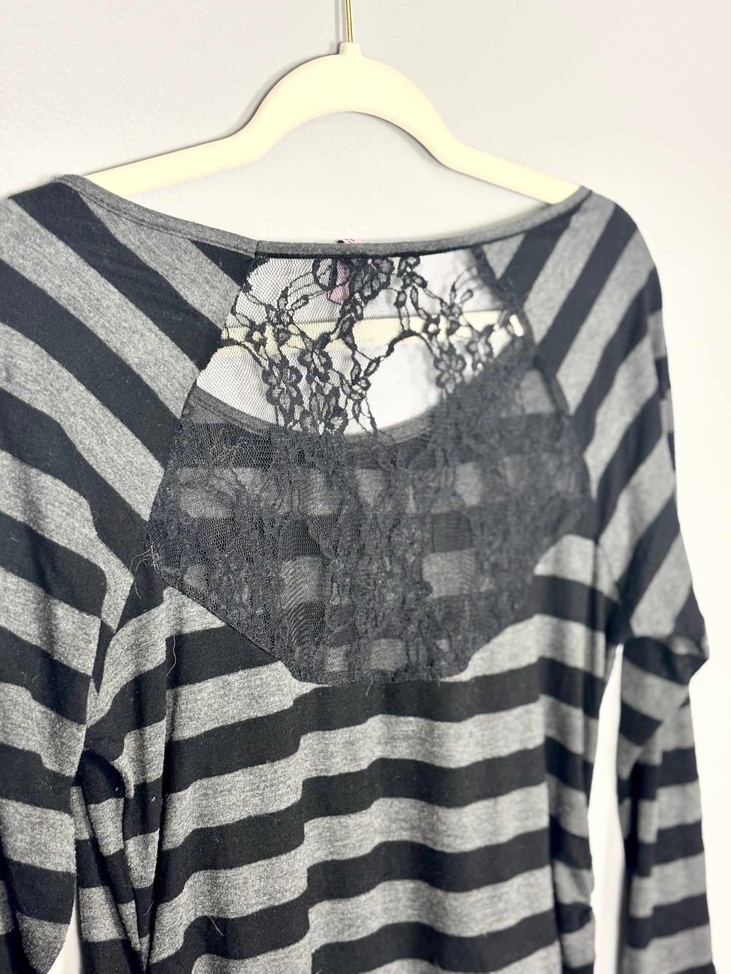 XL - Mom’s The Word Grey/Black Stripe Top w/Lace