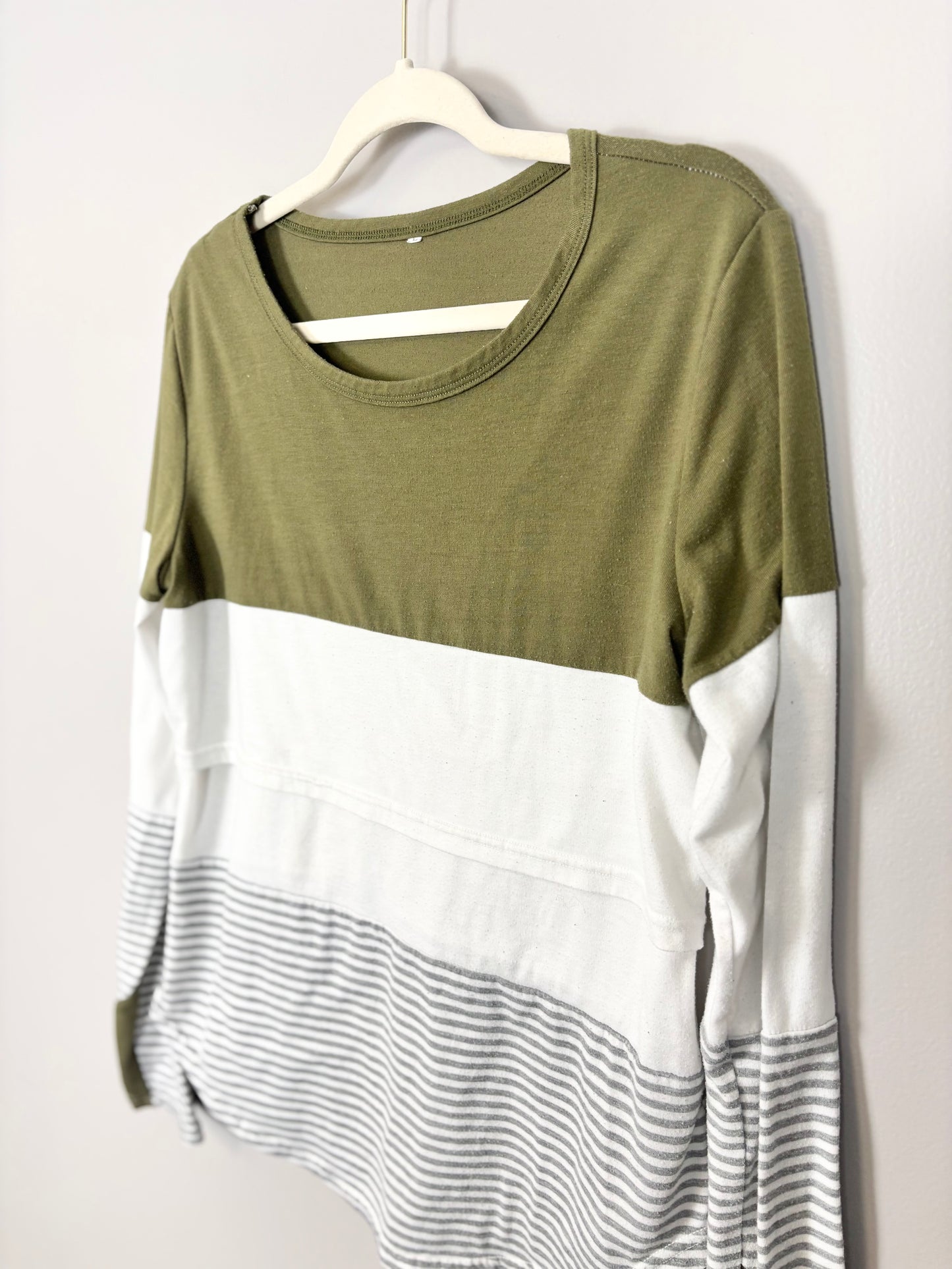 L - Olive Green & Stripes Nursing Shirt