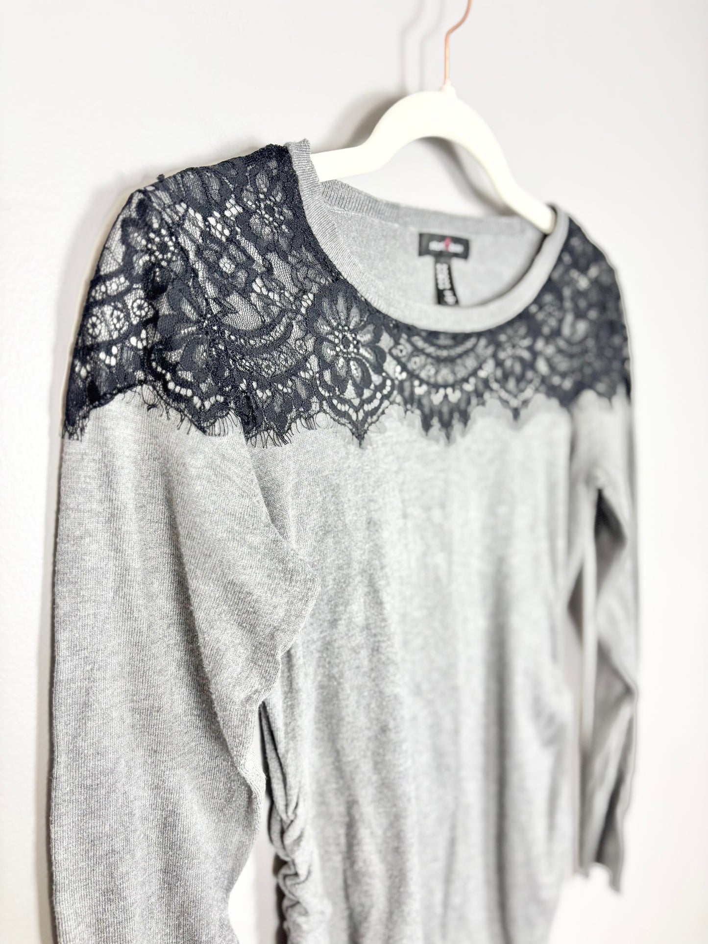 S - Stork & Babe Lace Appliqué Grey Sweater