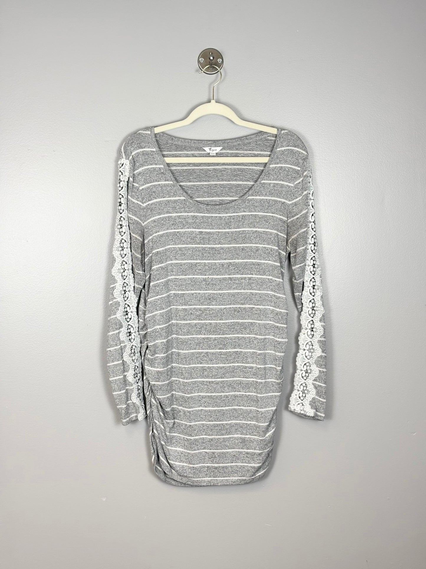 XL - Stork & Babe Grey/White Stripe Lace- Detail Light Sweater