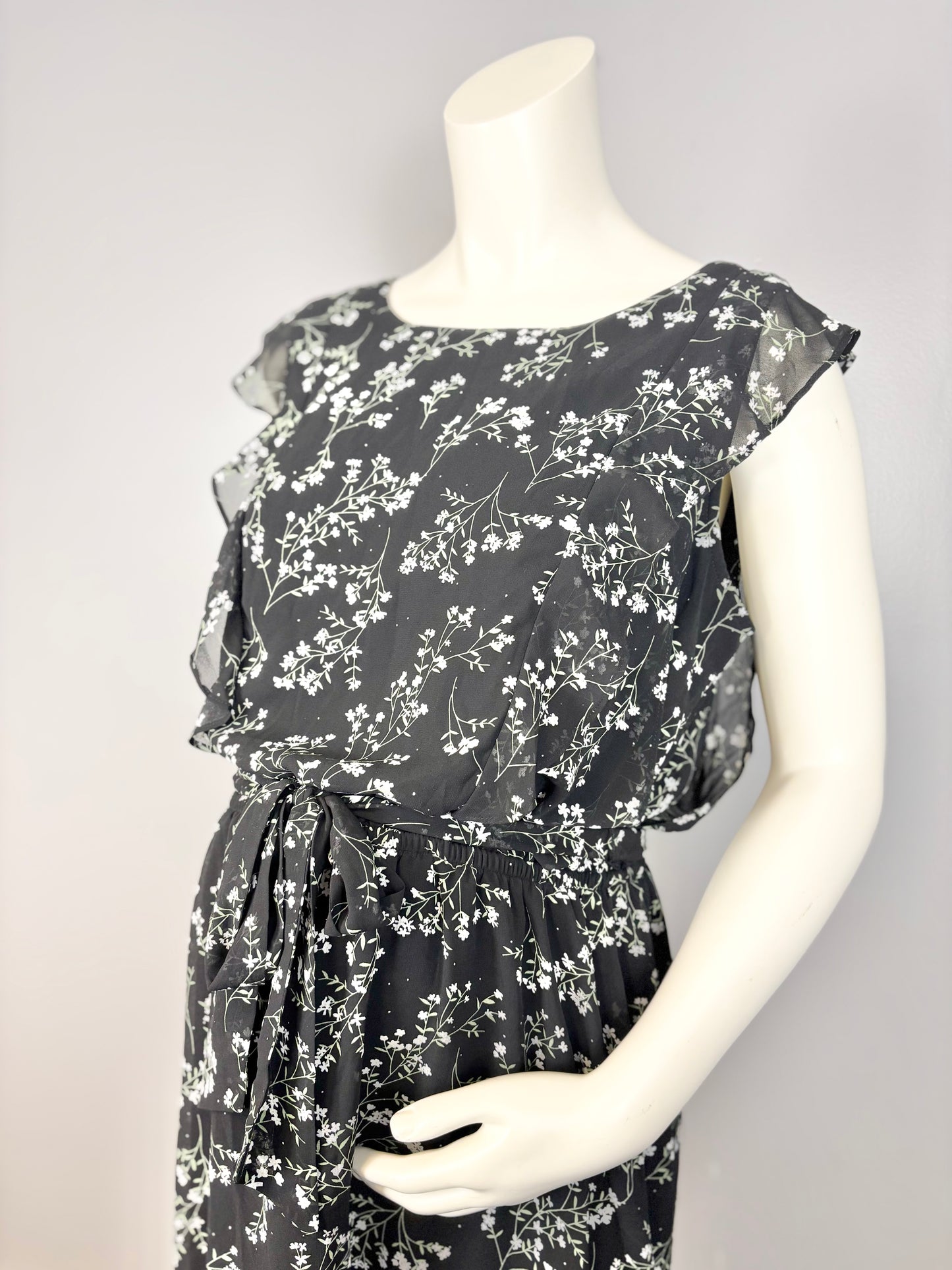 L - Thyme Black Florals Flutter Sleeve Dress