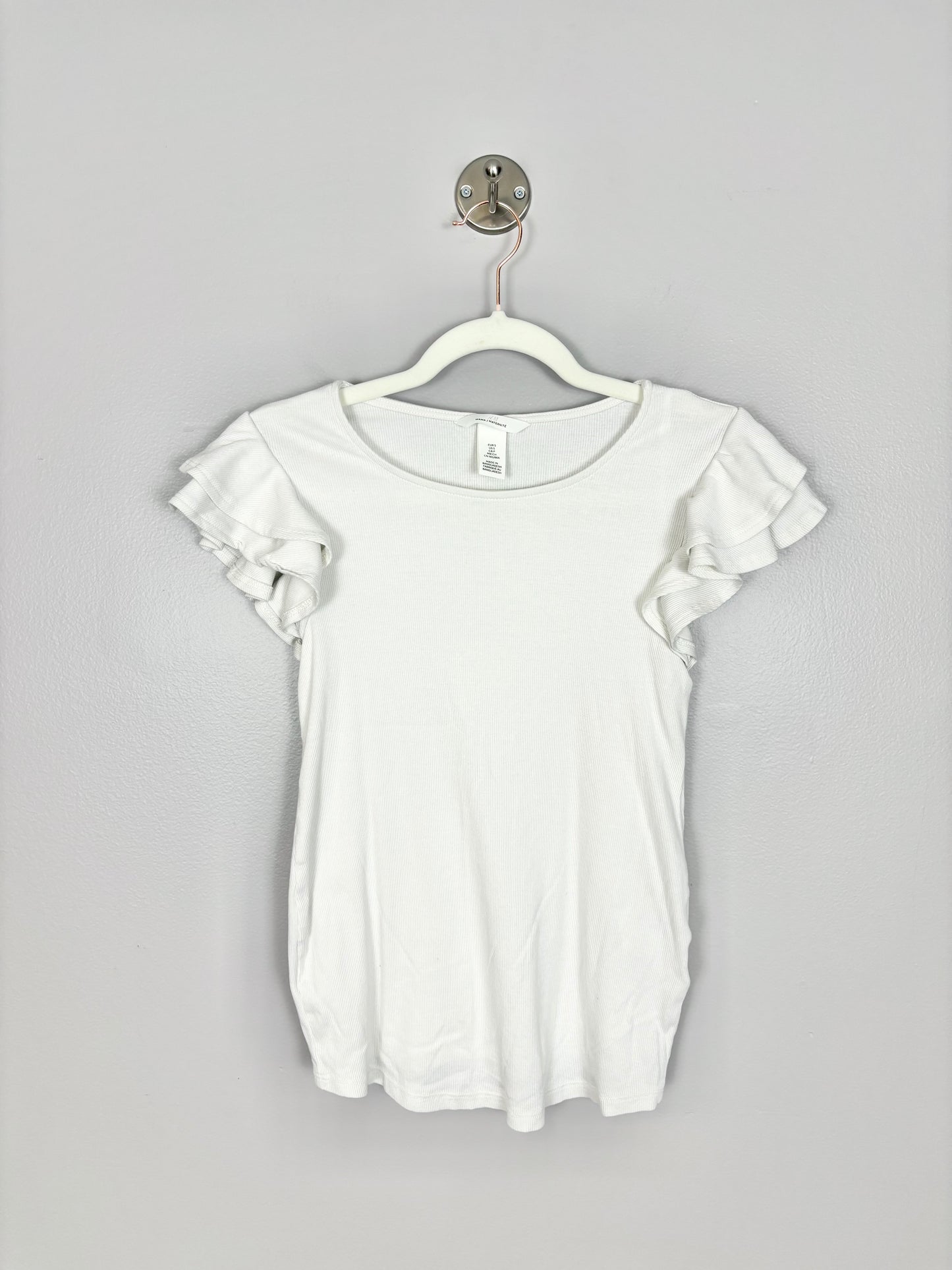 S - H & M Ruffle Sleeve Cream Ribbed Shirt