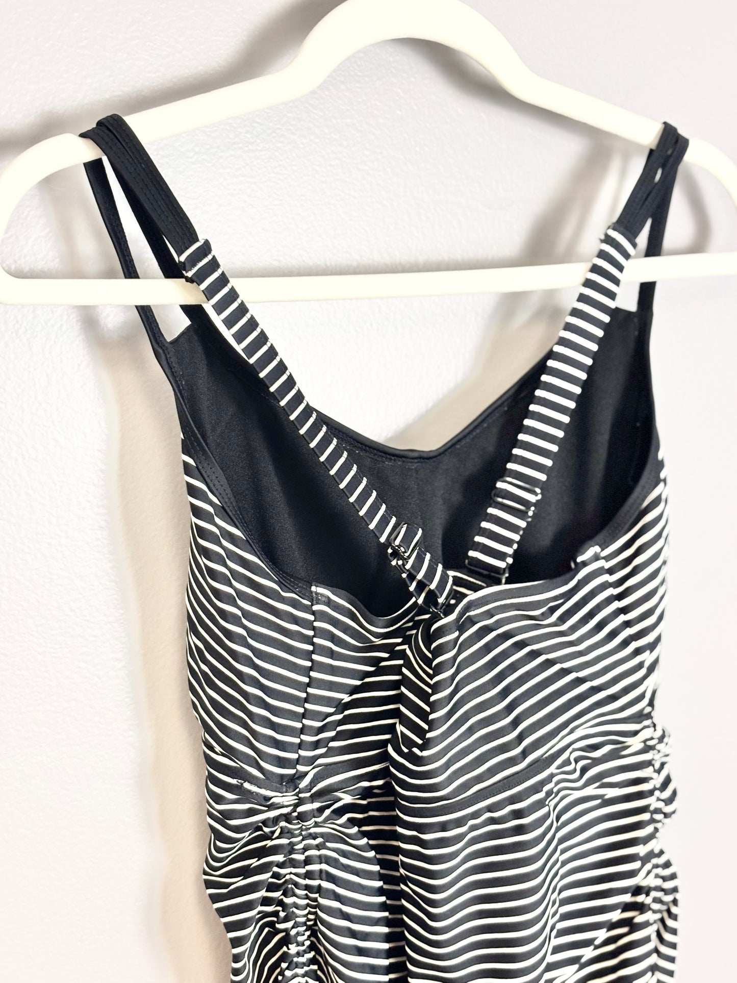 M - Thyme Black & White Striped Cross-Back Swim Top