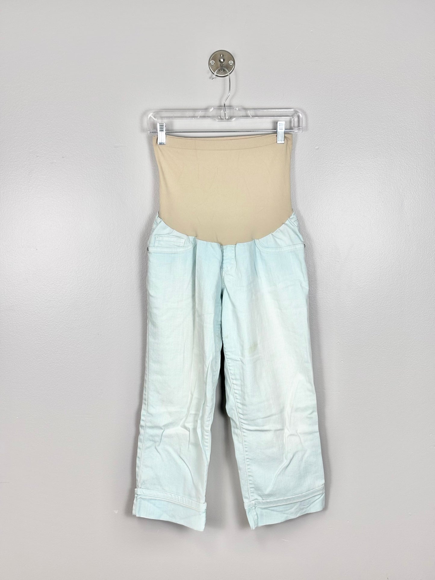 L - Indigo Blue Light Teal Cuffed Capri