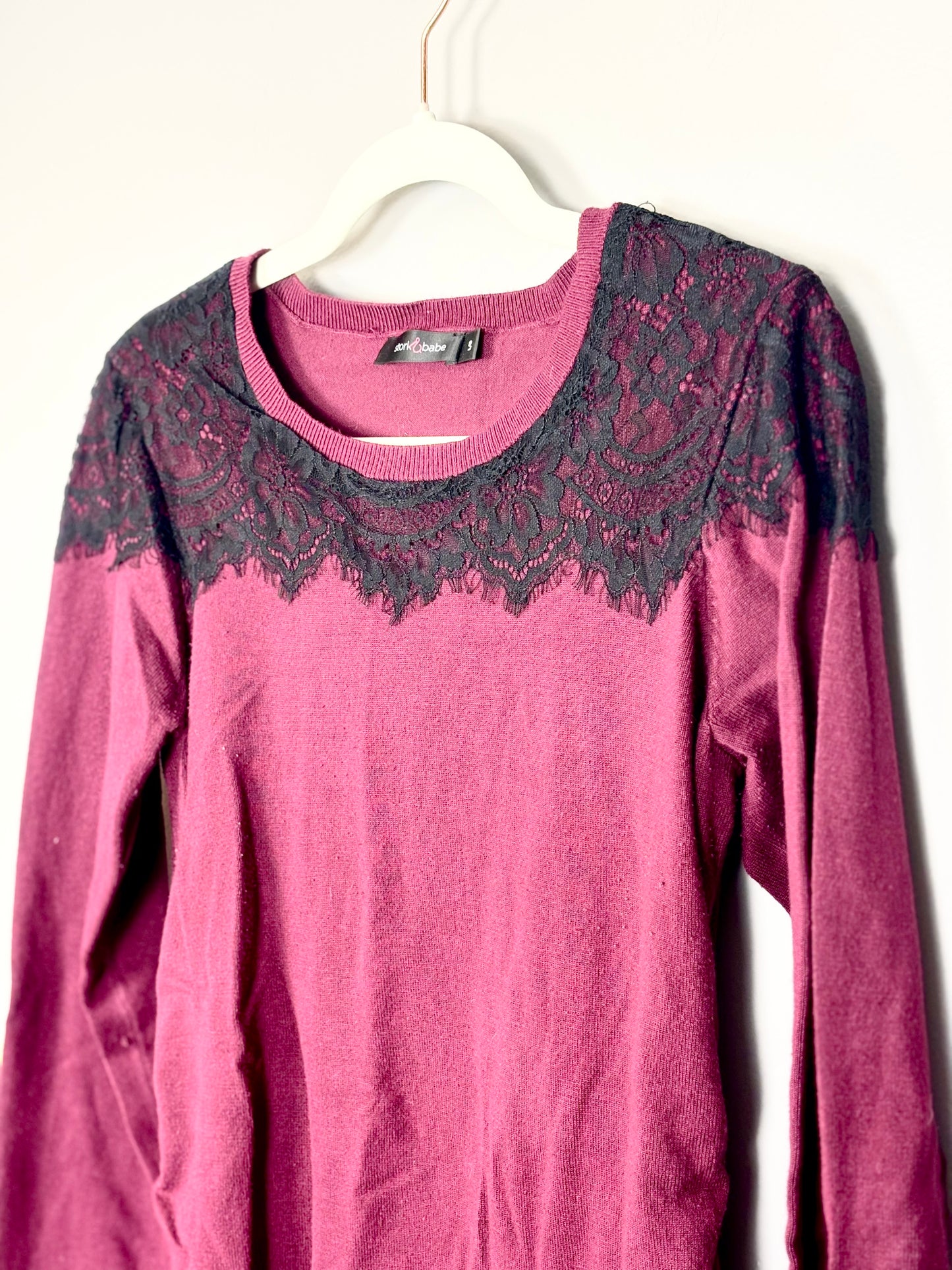 L - Stork & Babe Cranberry Lace Detail Sweater