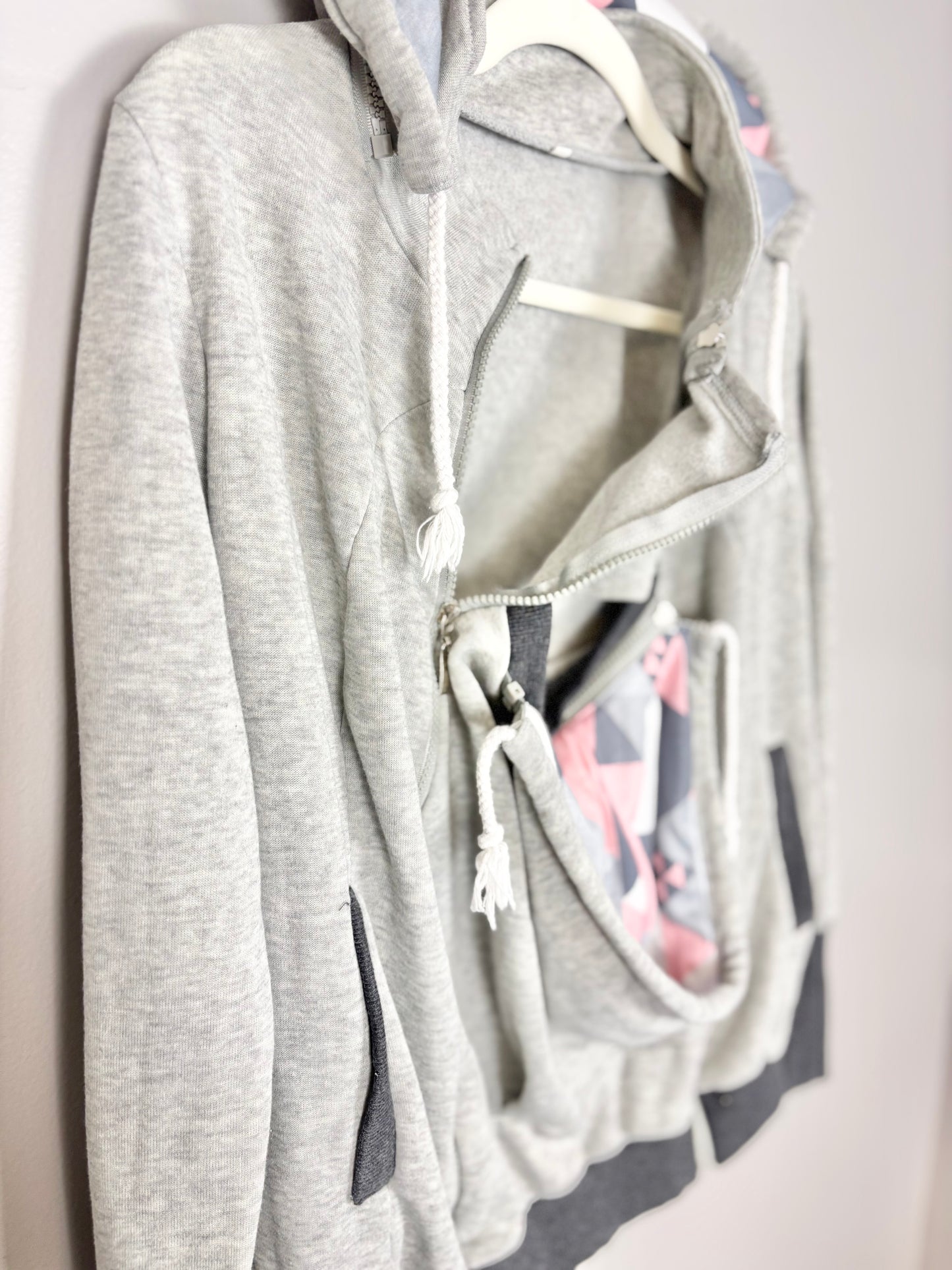 L - Grey and Pink Geometric Baby Wearing Hoodie