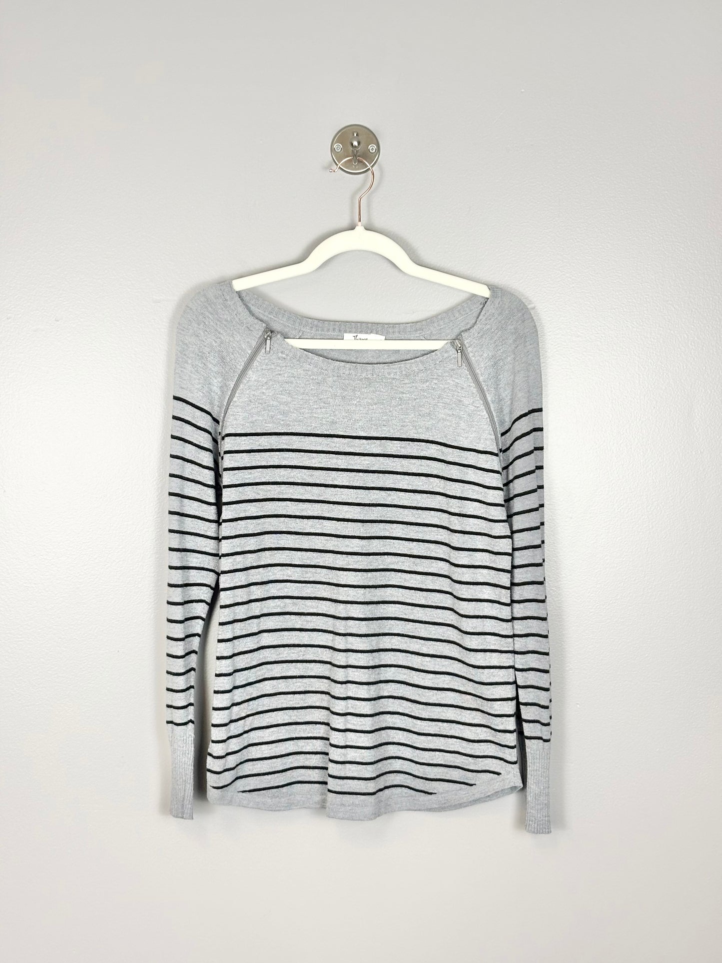 S - Thyme Grey & Black Striped Zippered Nursing Sweater