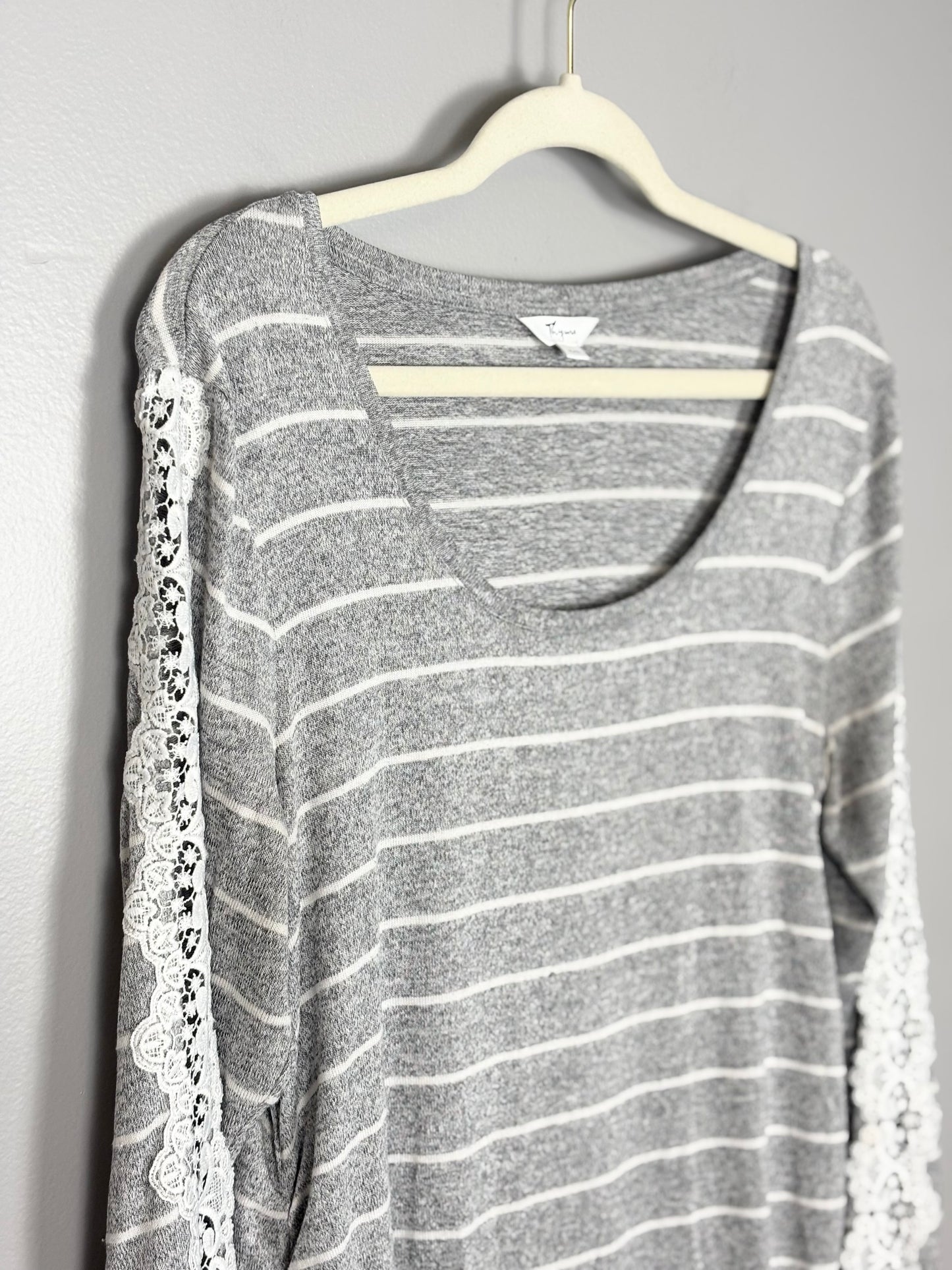 XL - Stork & Babe Grey/White Stripe Lace- Detail Light Sweater