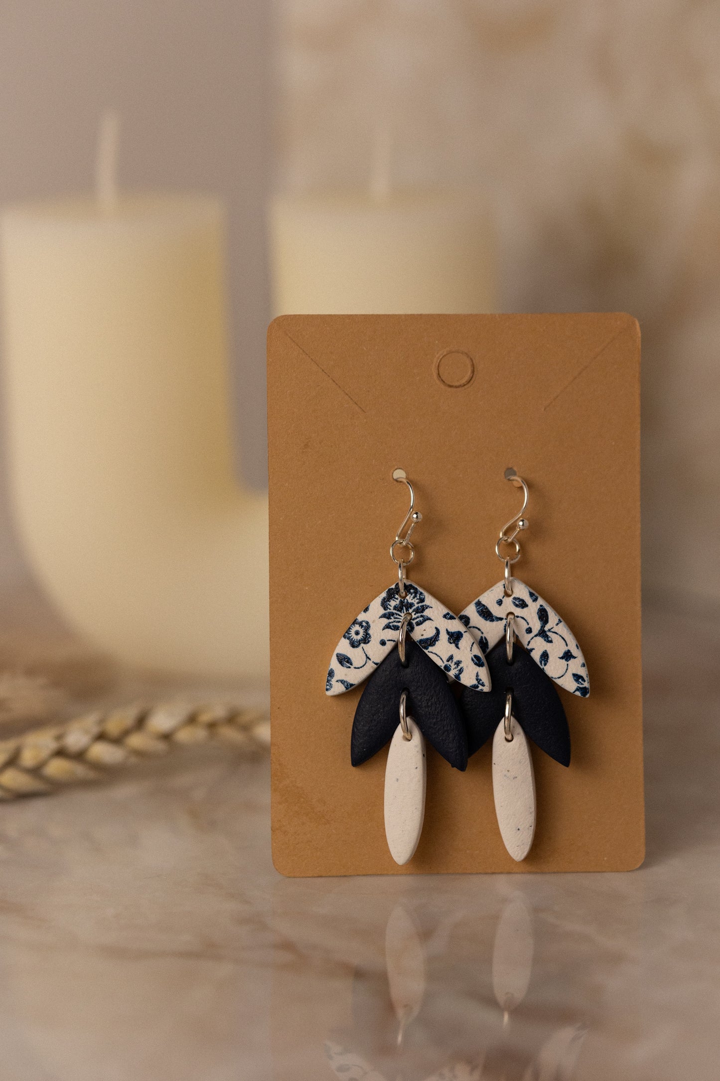 Prairie Rose Clay - Navy Floral, Black & Cream Tiered Earrings