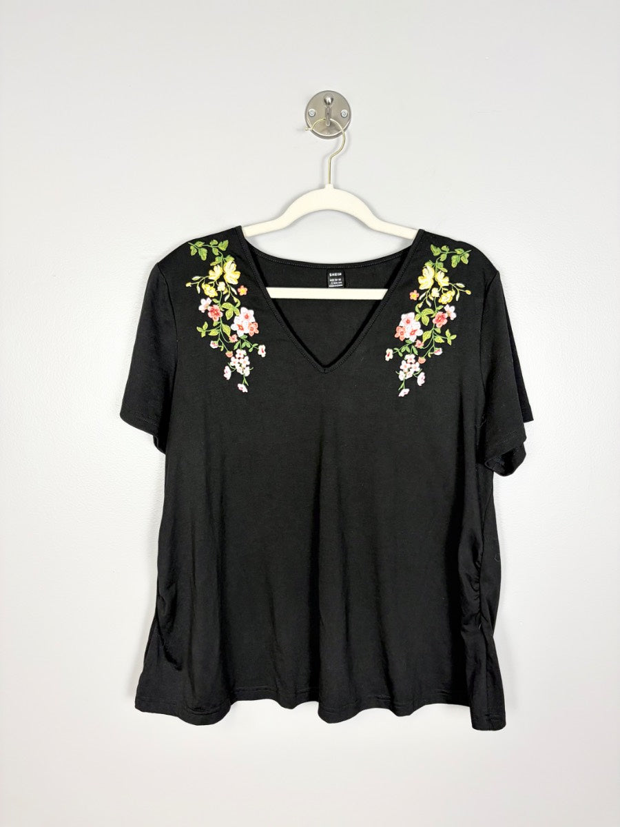 L - Shein Black Embroidered Floral V-neck Top