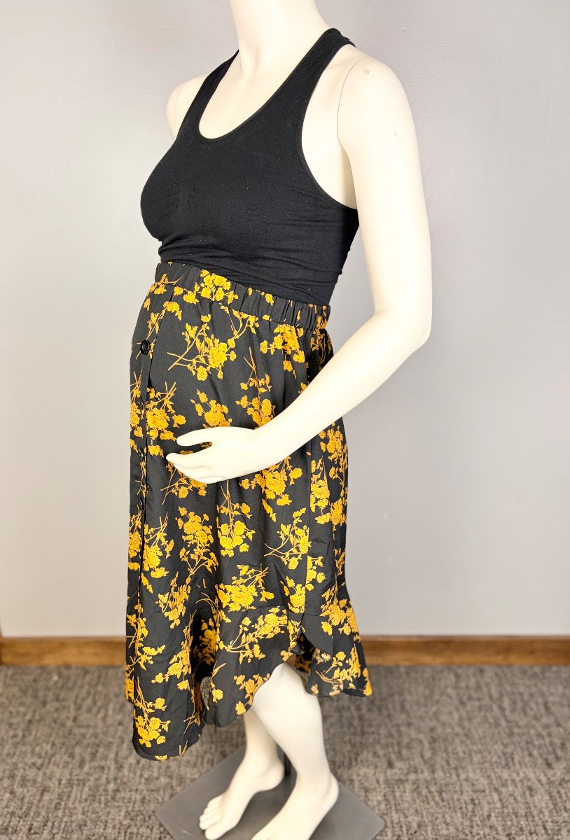 M - Shein Black & Gold Floral Asymmetrical Hem Skirt