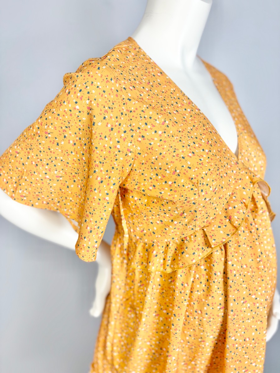 L - Shein Mustard Floral Wrap Front Dress