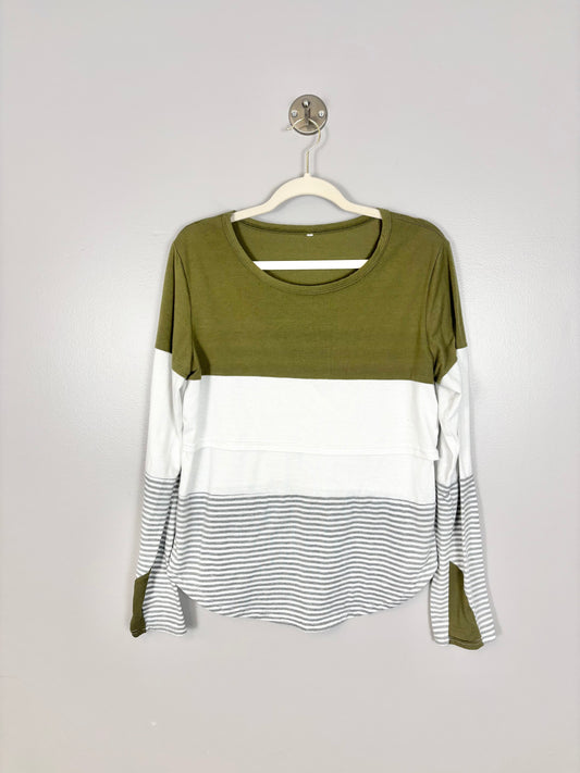 L - Olive Green & Stripes Nursing Shirt