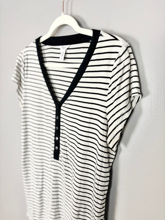 M - Thyme Snap Front Black & White Striped Nursing Shirt