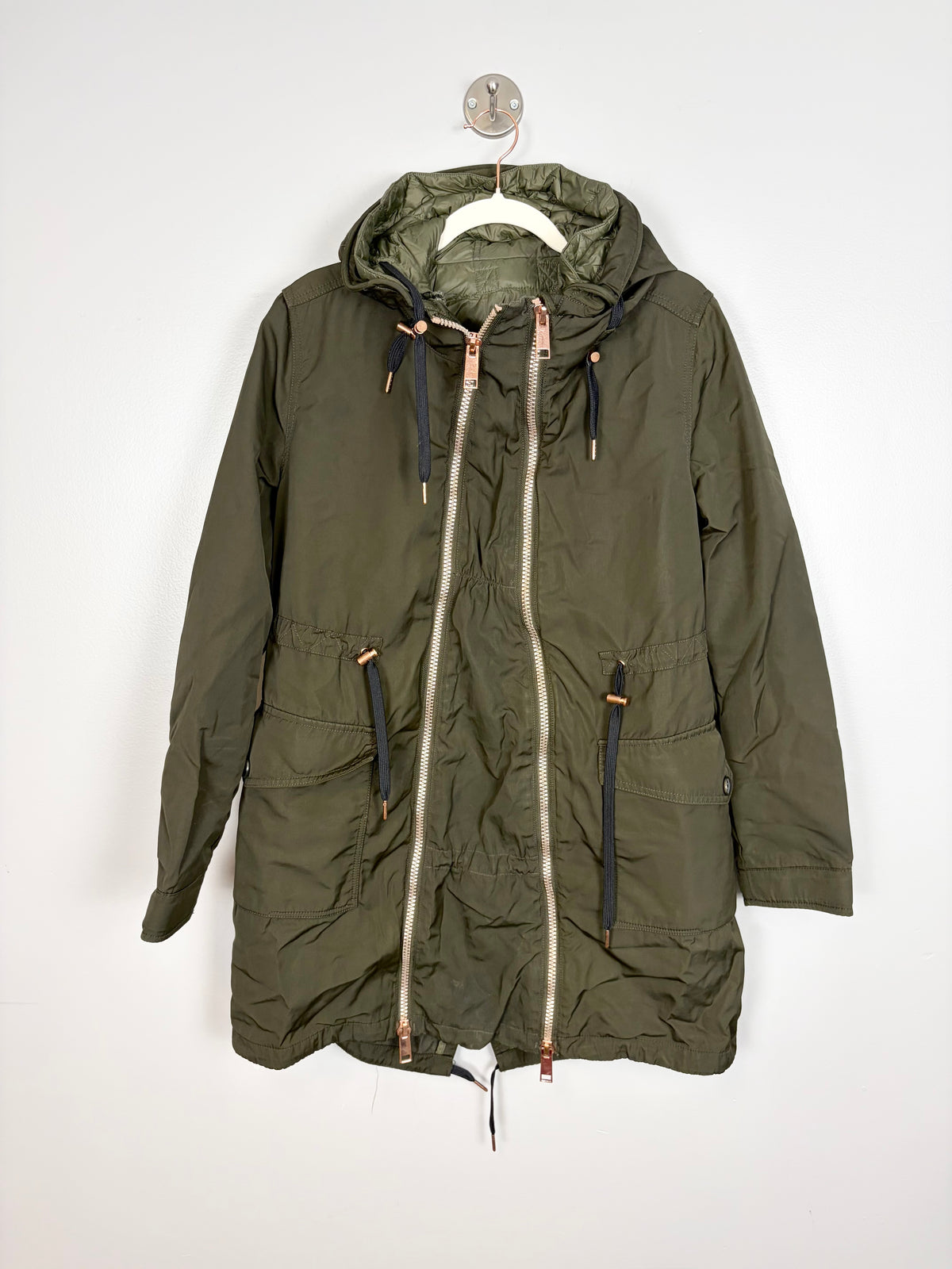 S - Thyme Dark Olive & Rose Gold Maternity Coat