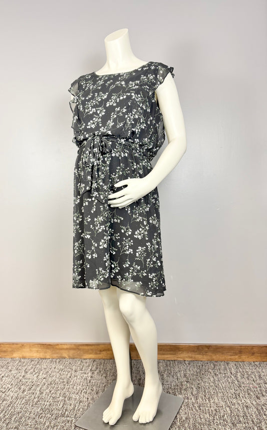 L - Thyme Black Florals Flutter Sleeve Dress
