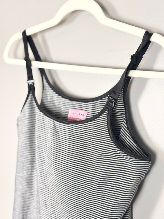 M - GlamourMom Black & Grey Stripe Nursing Tank