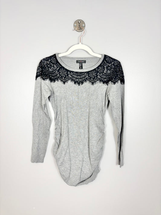 S - Stork & Babe Lace Appliqué Grey Sweater