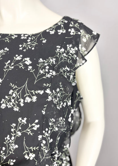 L - Thyme Black Florals Flutter Sleeve Dress