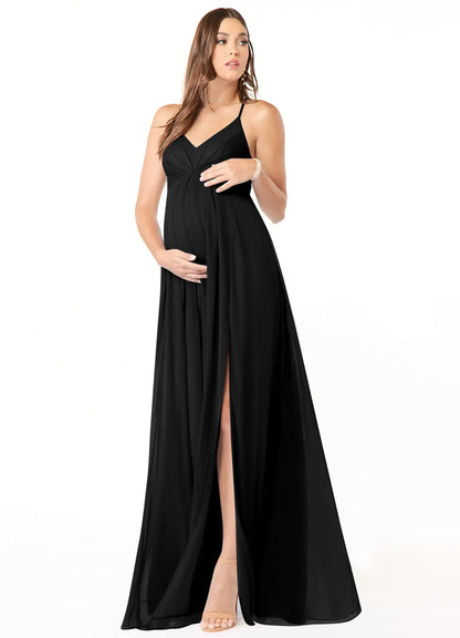 L - Azazi Black Chiffon Floor-Length Gown