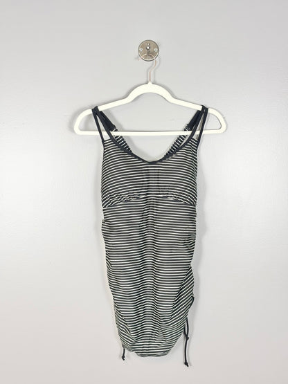 M - Thyme Black & White Striped Cross-Back Swim Top