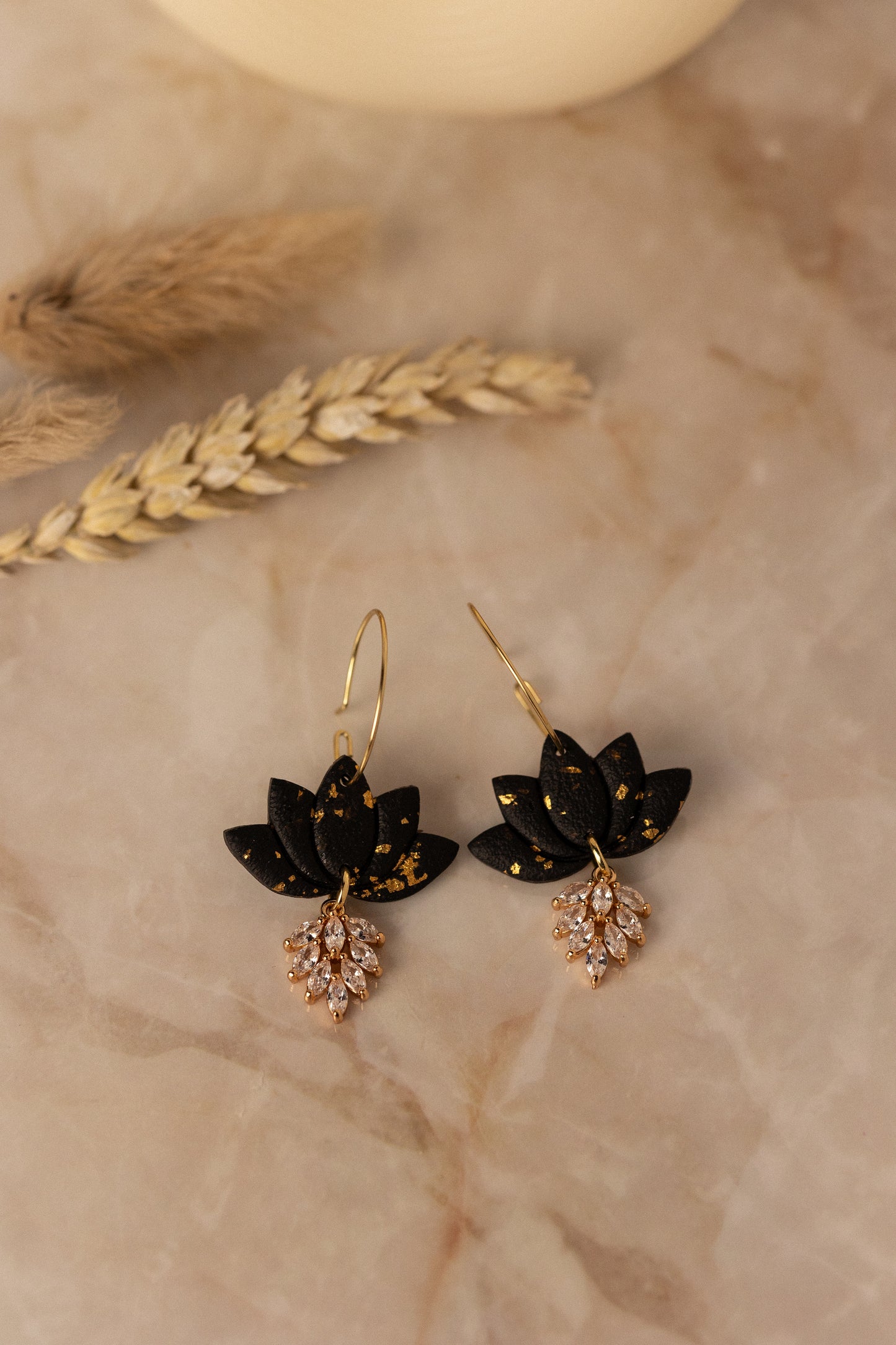 Prairie Rose Clay -  Black & Gold Water Lily Dangle Earrings