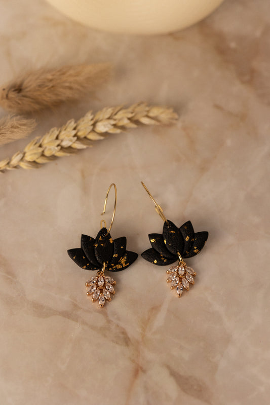 Prairie Rose Clay -  Black & Gold Water Lily Dangle Earrings