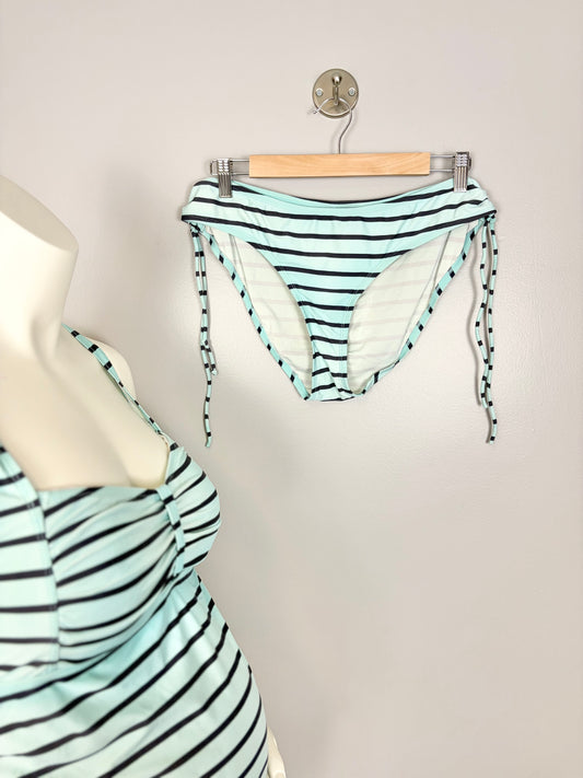 L - Motherhood Beach Bump Teal Striped 2-Piece Swim Set