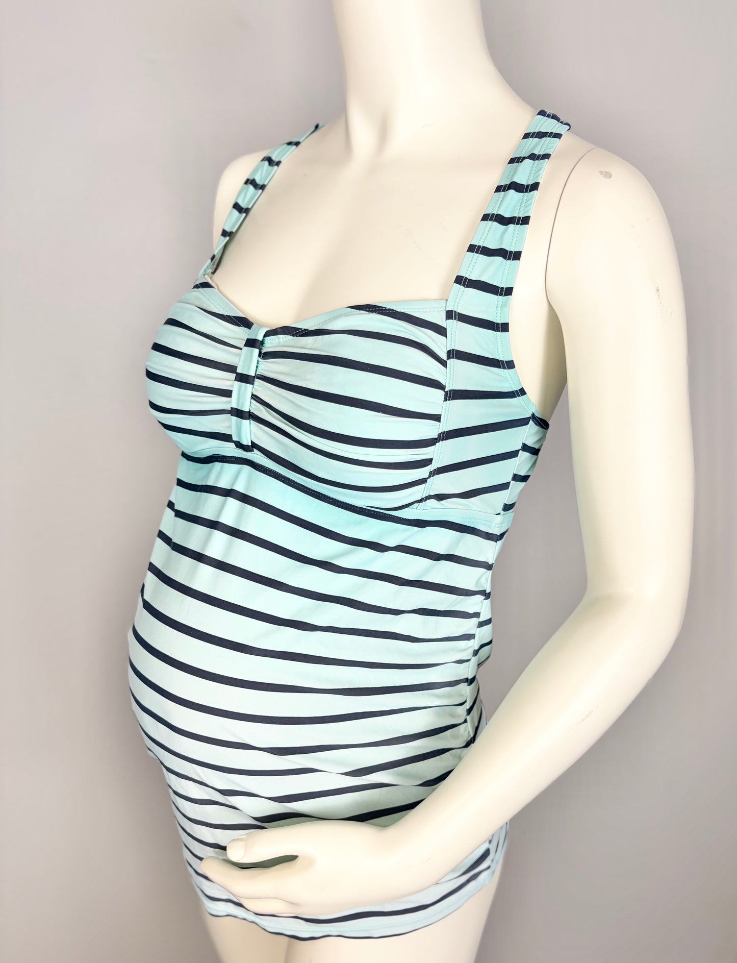 L - Motherhood Beach Bump Teal Striped 2-Piece Swim Set