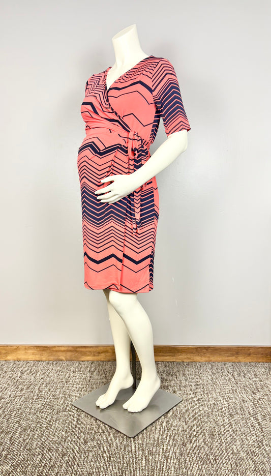 M - Motherhood Coral & Navy Geometric Wrap Dress