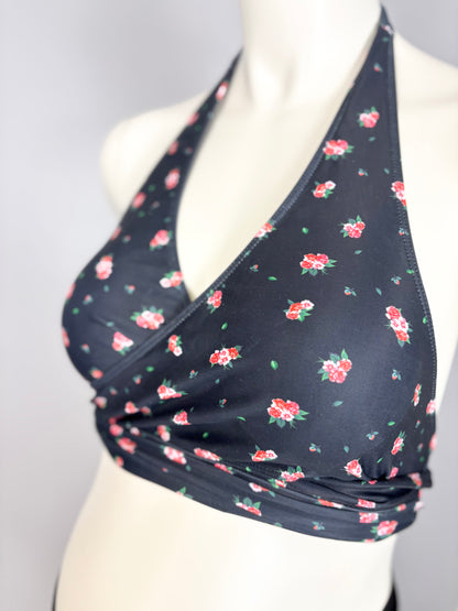 L - Black Rose Halter Top & High-Waist Bikini Set