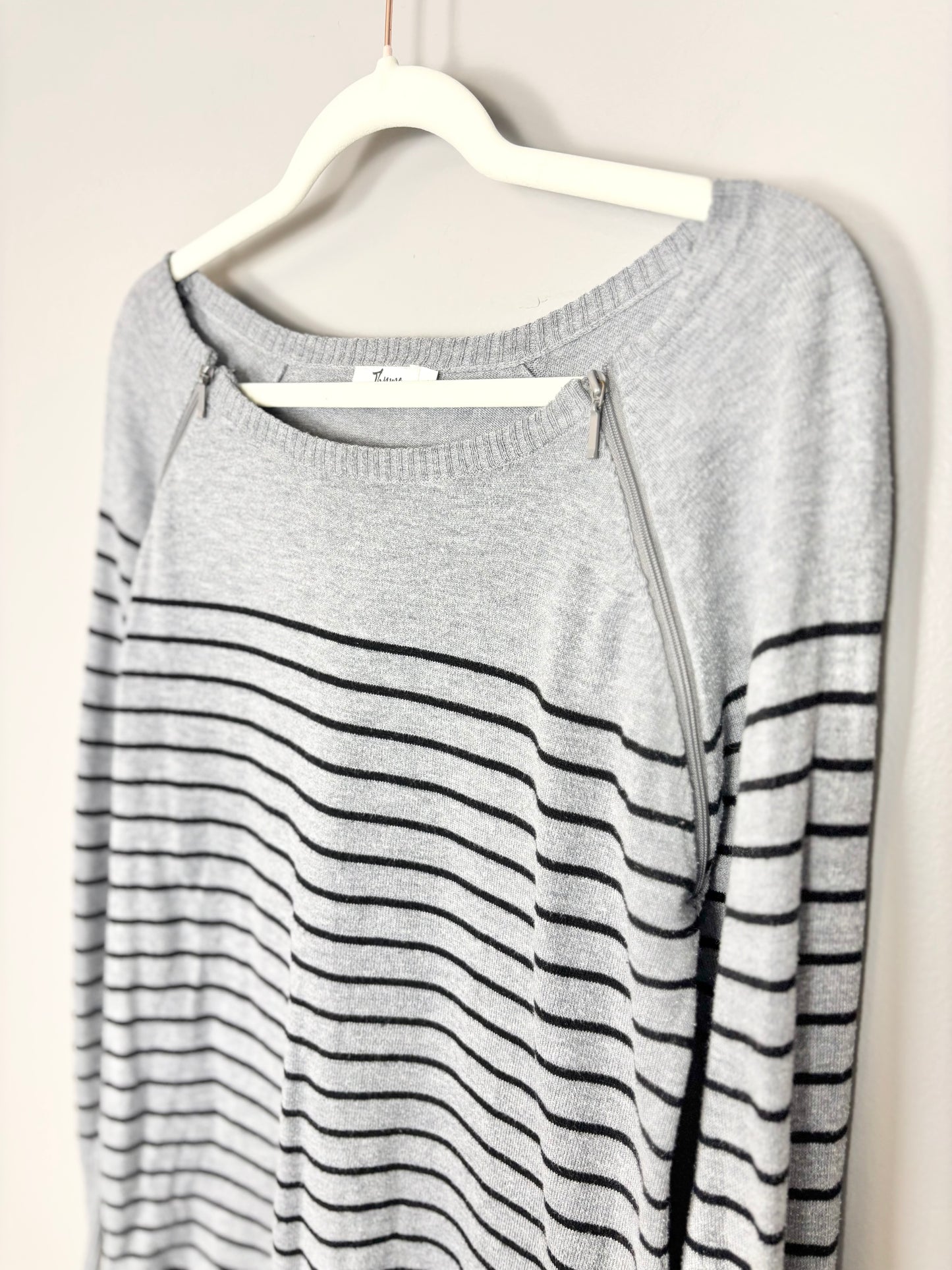 S - Thyme Grey & Black Striped Zippered Nursing Sweater
