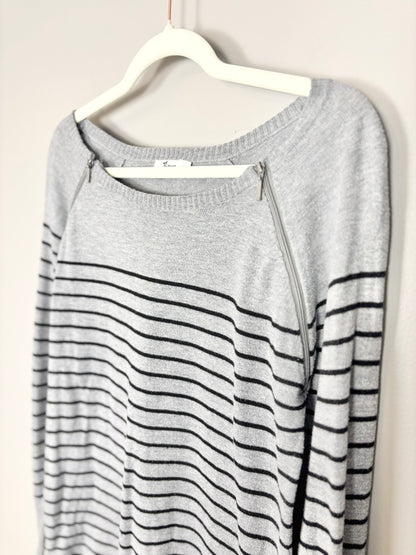S - Thyme Grey & Black Striped Zippered Nursing Sweater