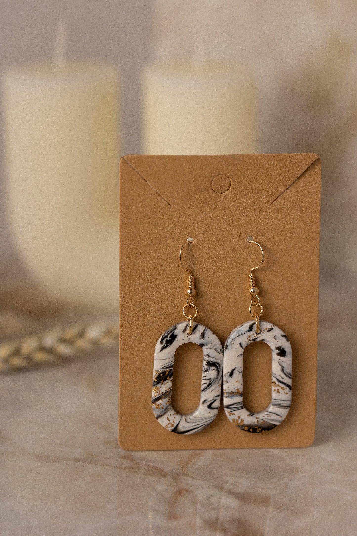 Prairie Rose Clay - Black & Cream Marbled Oval Cutout Earrings