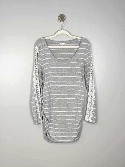 XL - Stork & Babe Grey/White Stripe Lace- Detail Light Sweater