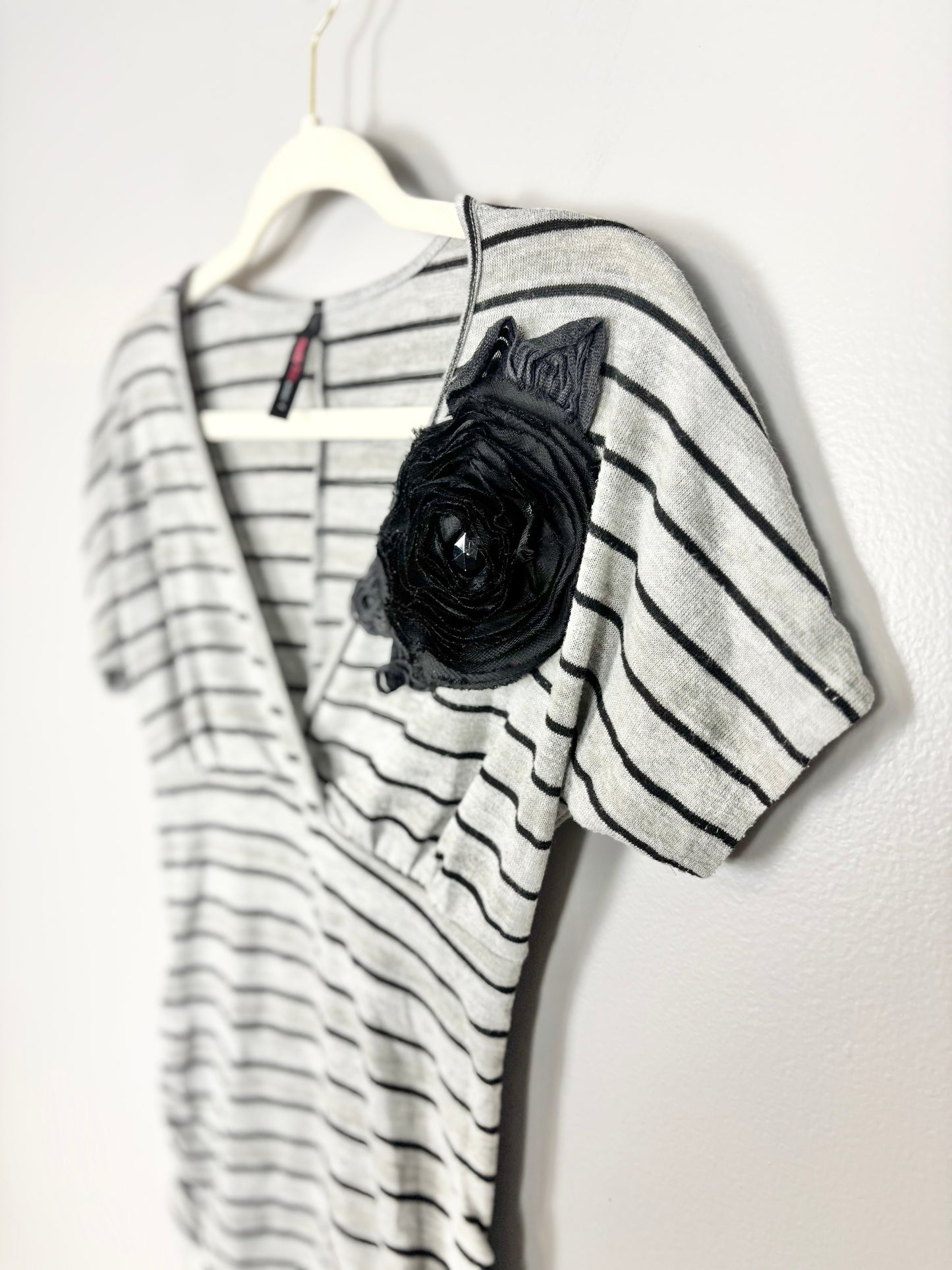S - Candy Rain Black & Grey Stripe Floral Corsage Shirt