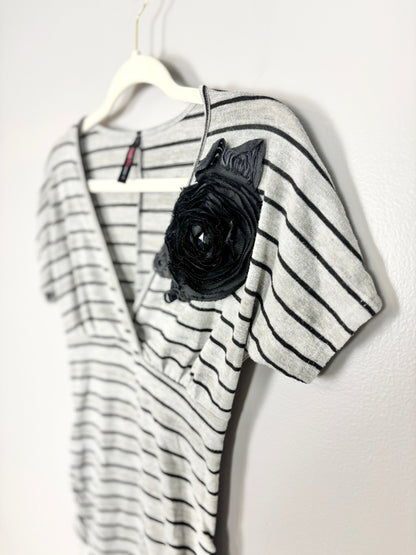 S - Candy Rain Black & Grey Stripe Floral Corsage Shirt