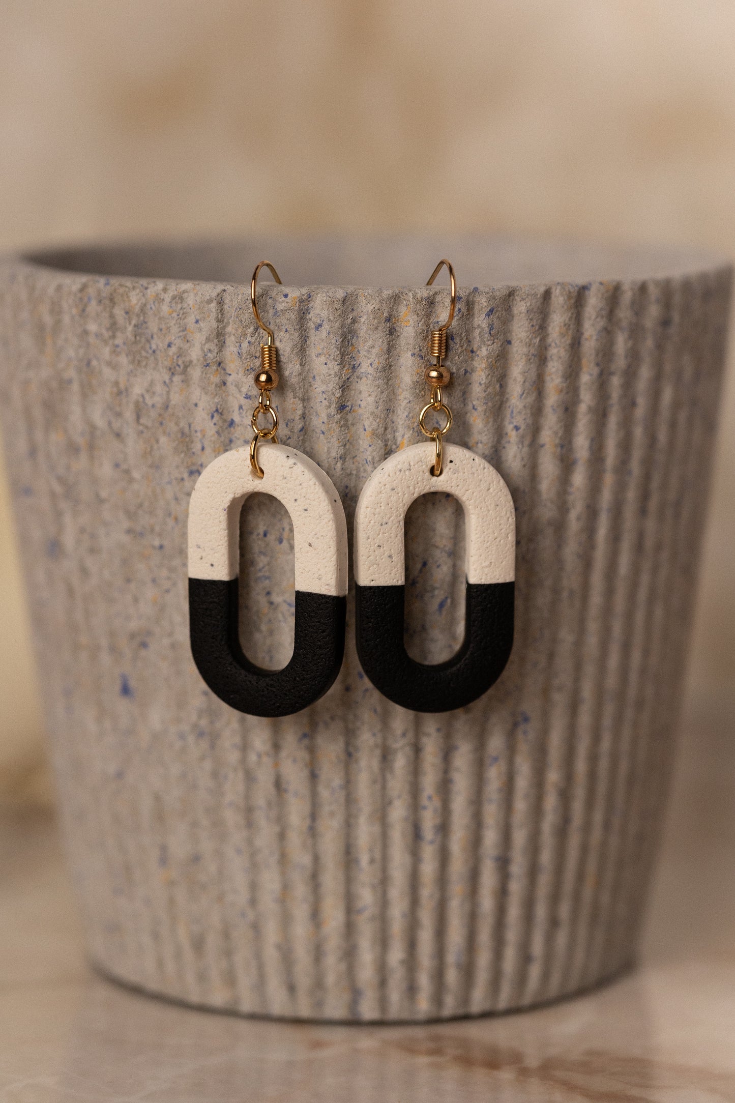 Prairie Rose Clay - Black & Cream Oval Cutout Earrings