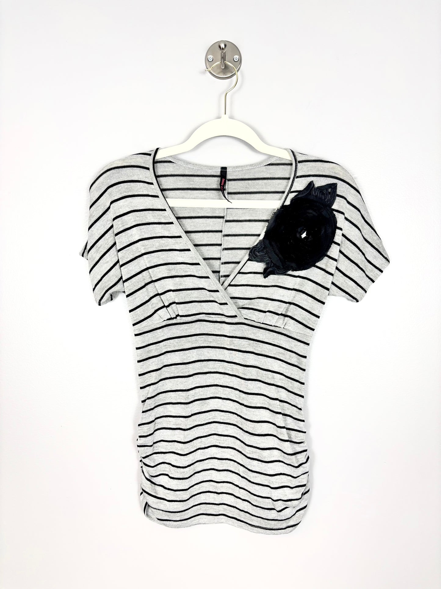 S - Candy Rain Black & Grey Stripe Floral Corsage Shirt