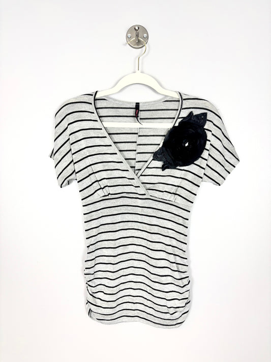 S - Candy Rain Black & Grey Stripe Floral Corsage Shirt